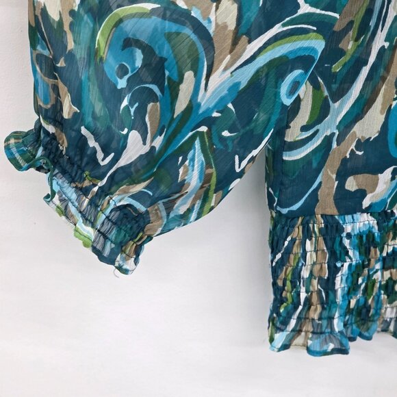 Womens PL Blue Green Sheer Blouse Ruffle Hem Smocked Boho Lightweight Top - Picture 10 of 15